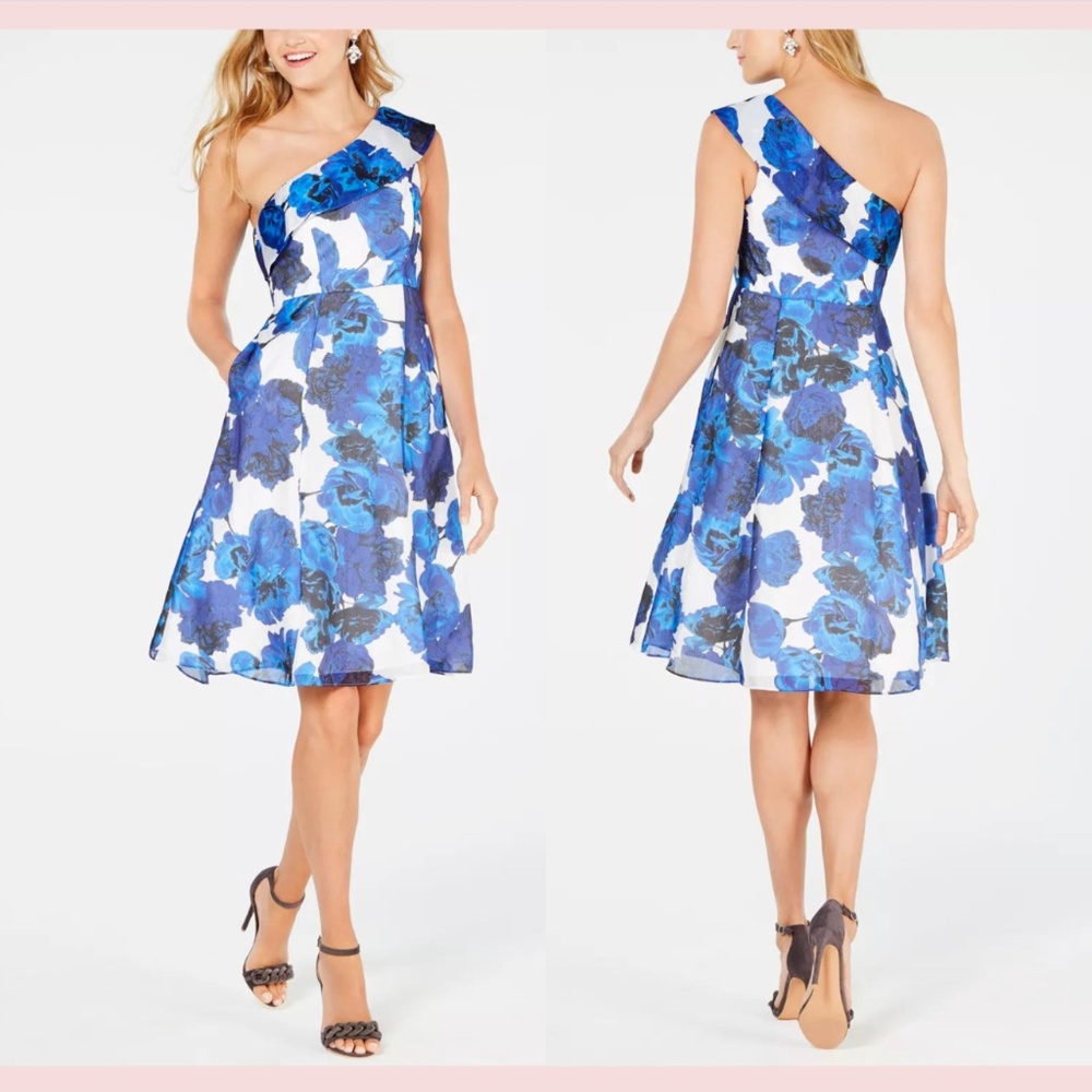 NWT Adrianna Papell‎ [ 12 ] Floral Print One Shoulder Dress in Royal Blue